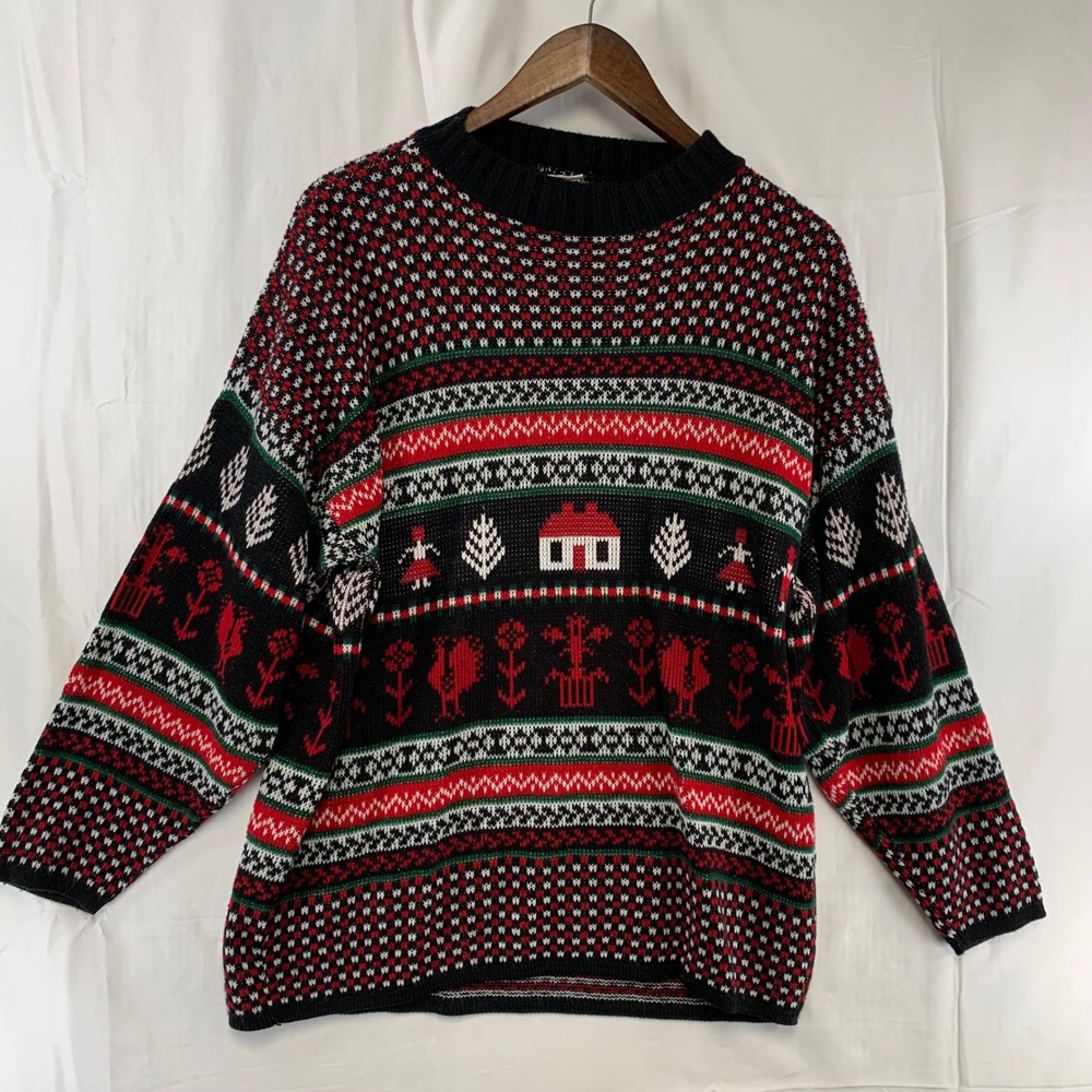VTG Huntington Ridge Sweater Mens‎ L Black Red Nordic Folk Art Novelty Knit USA